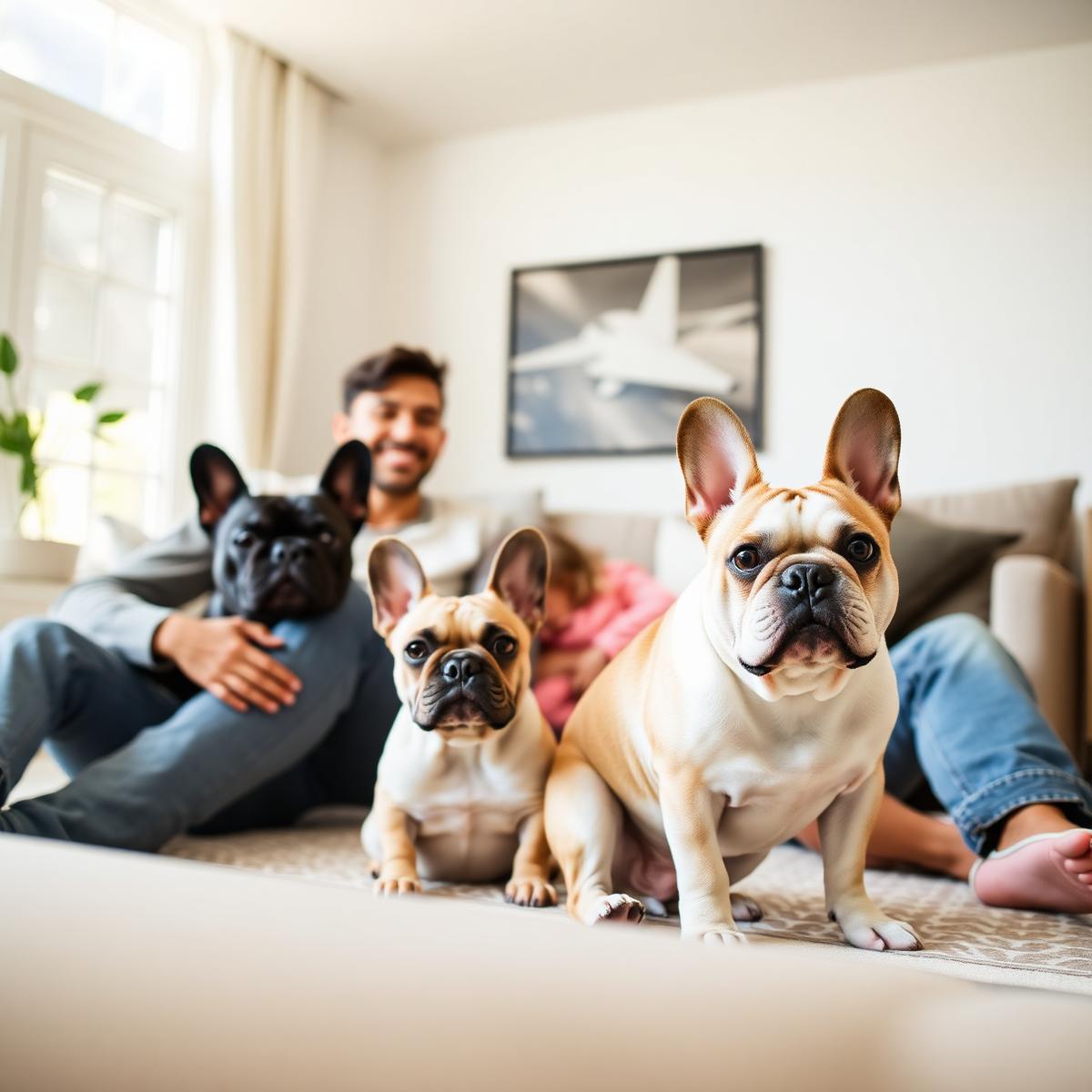 A family relaxing at home with their French Bulldogs