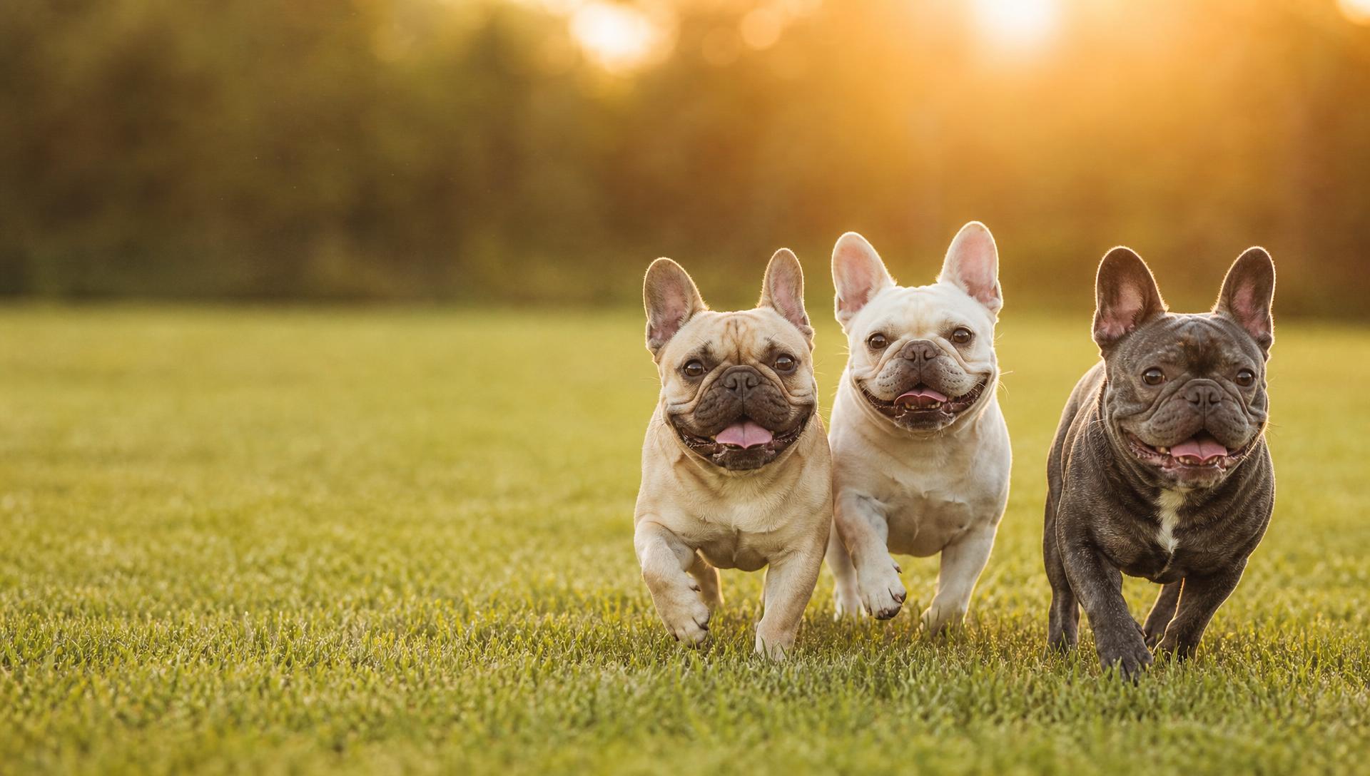 Happy French Bulldogs playing in a sunlit park